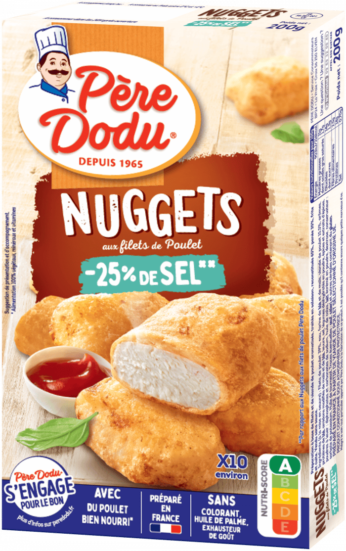 Image du packaging des Nuggets aux filets de poulet Père Dodu -25% de sel