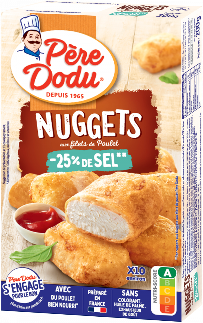 Image du packaging des Nuggets aux filets de poulet Père Dodu -25% de sel