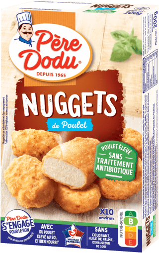 Image du packaging des Nuggets de poulet sans traitement antibiotiques Père Dodu