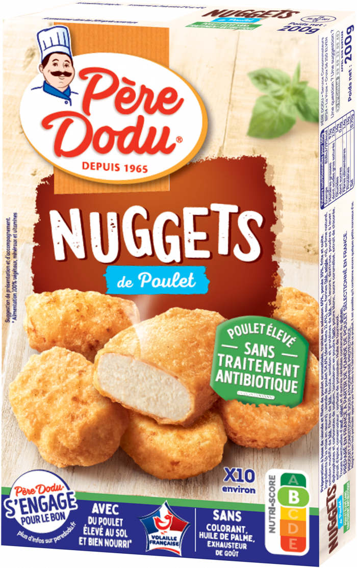 Image du packaging des Nuggets de poulet sans traitement antibiotiques Père Dodu