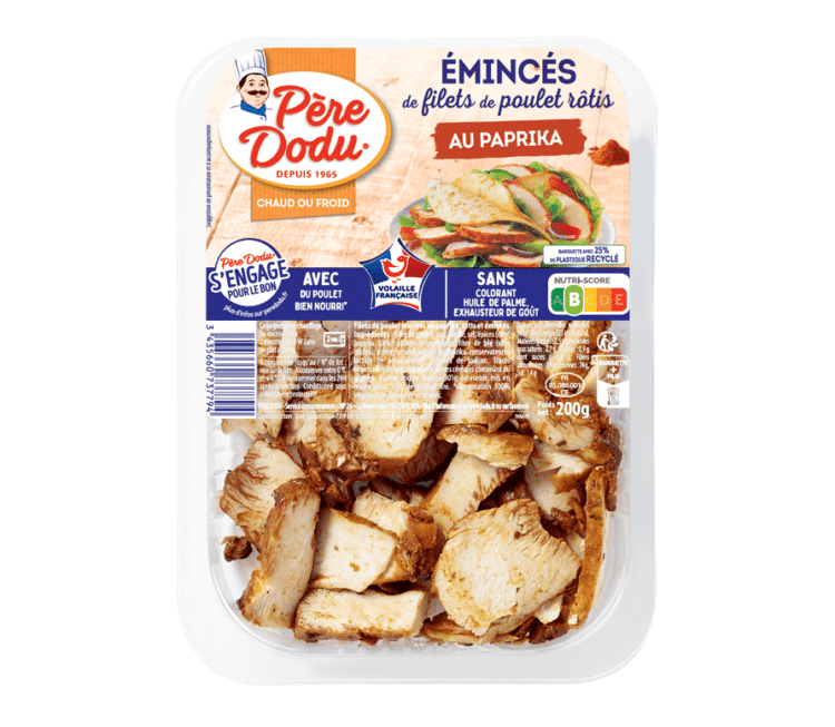 Packshot des émincés de filets de poulet paprika Père Dodu