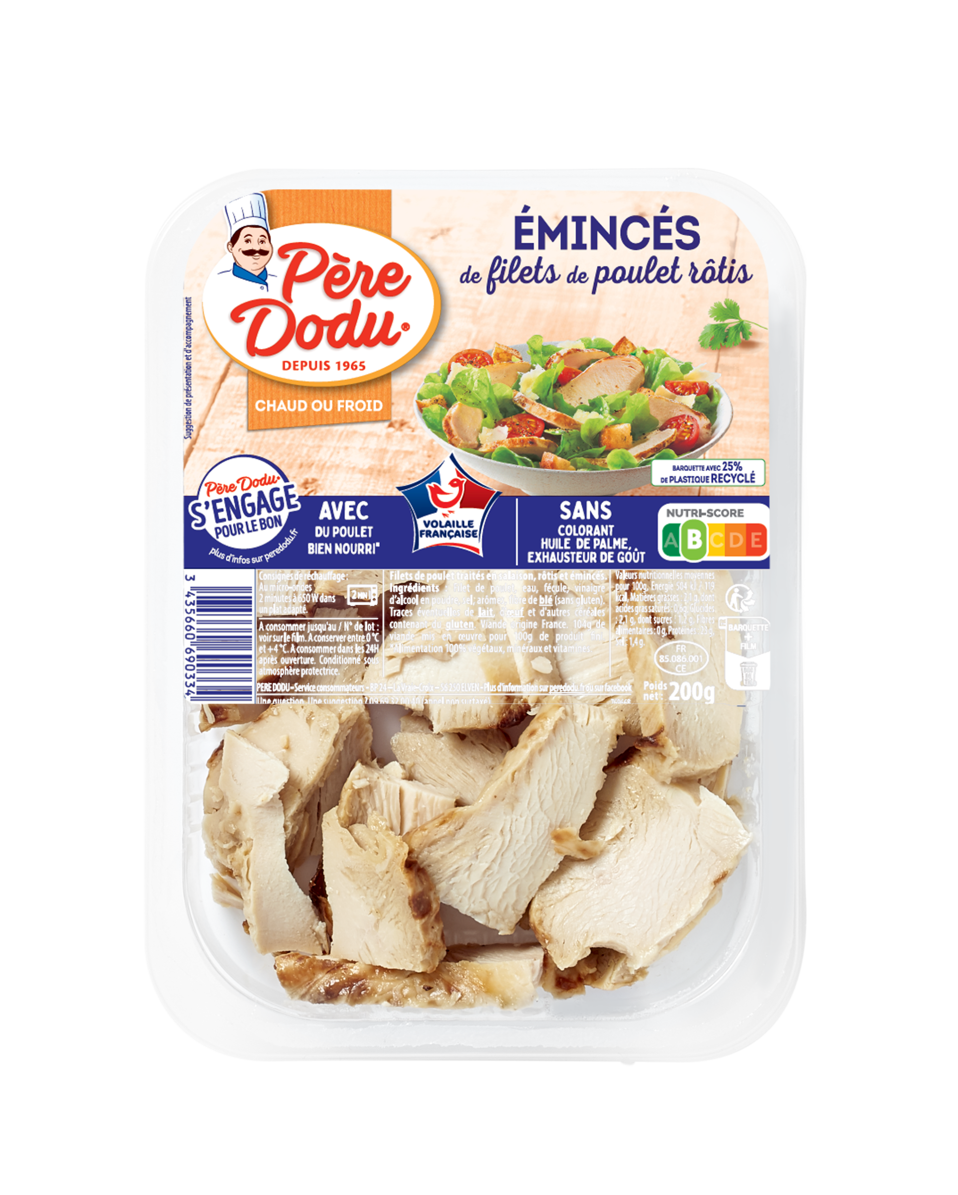 Packshot des émincés de poulet nature Père Dodu